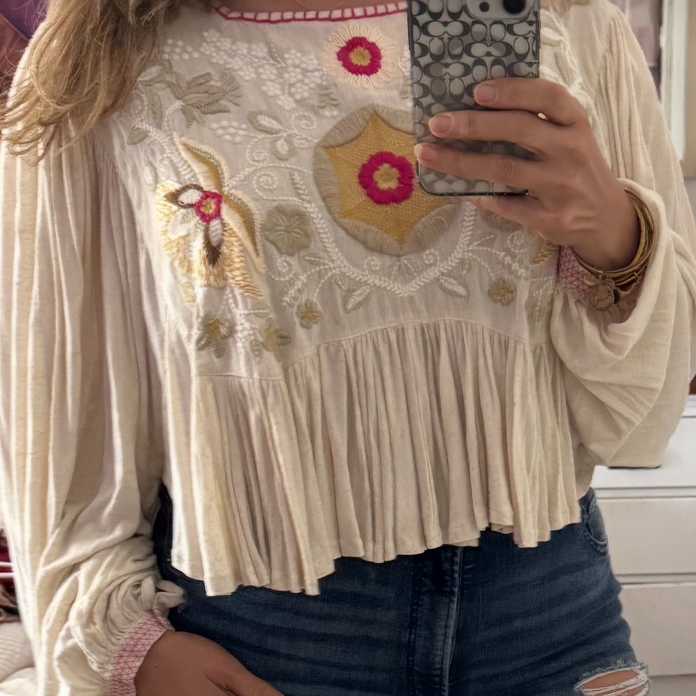 Free People Cream Floral Embroidered Blouse - Picture 4 of 4
